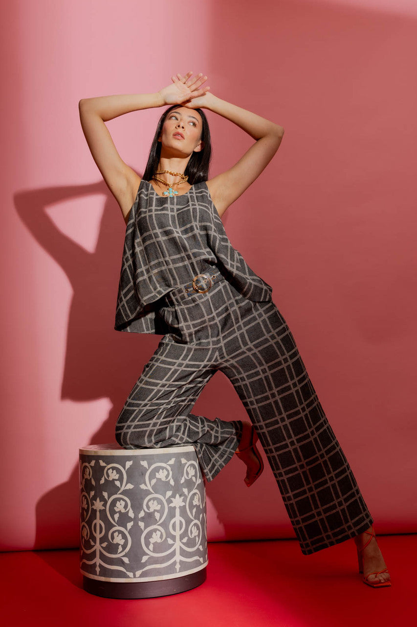 Black Check Linen Bell Top