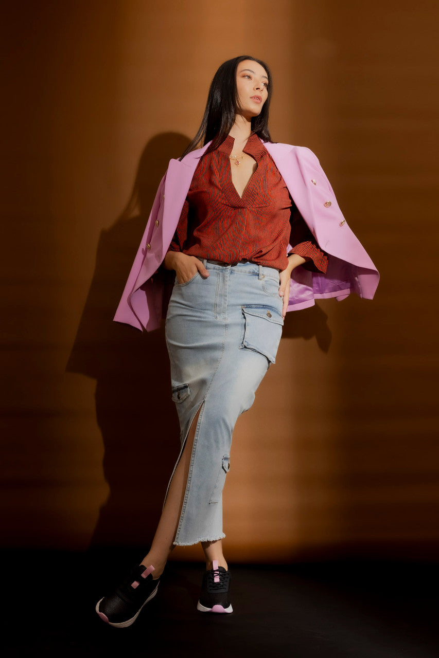 Light Denim Cargo Split Skirt