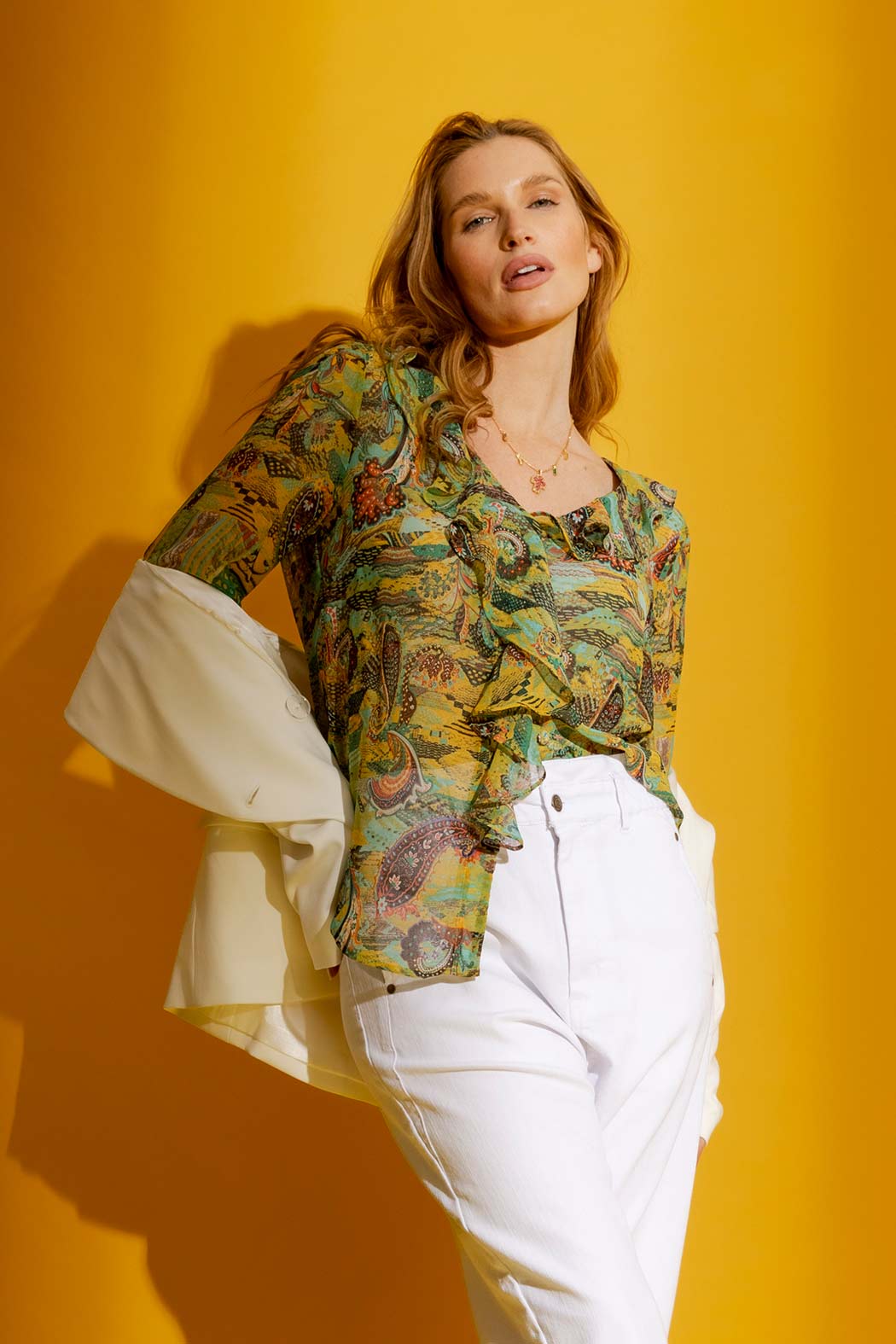 Yellow Print Cascade Frill Shirt