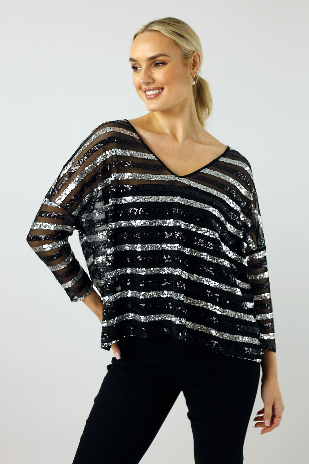 Silver Sequin Vee Neck Top - FINAL SALE