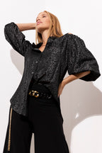 Black Animal Chambray Shoulder Top - Sale