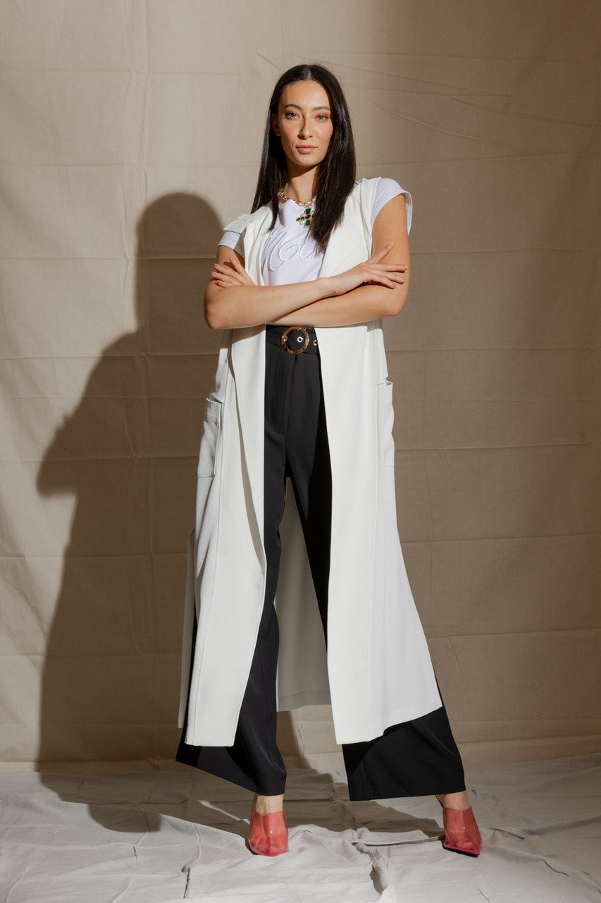 White Euro Longline Belted Vest