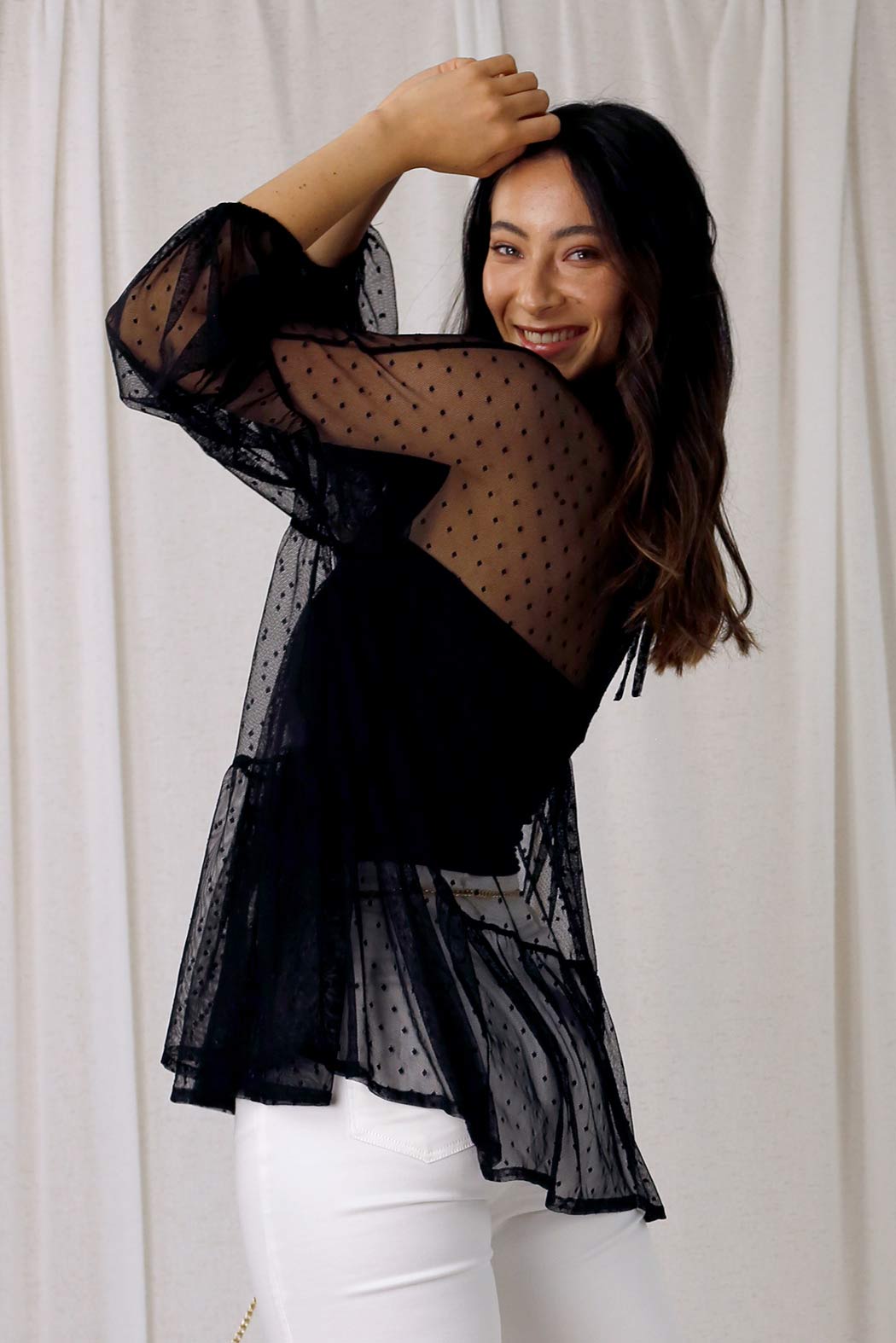 Black Pinspot Tiered Mesh Top - SALE