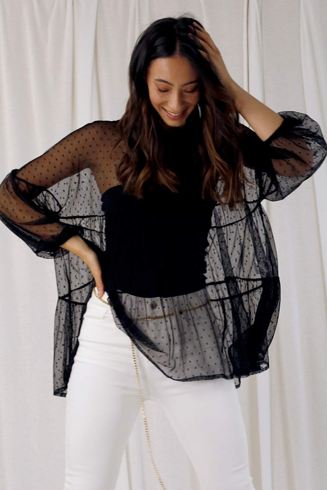 Black Pinspot Tiered Mesh Top - SALE