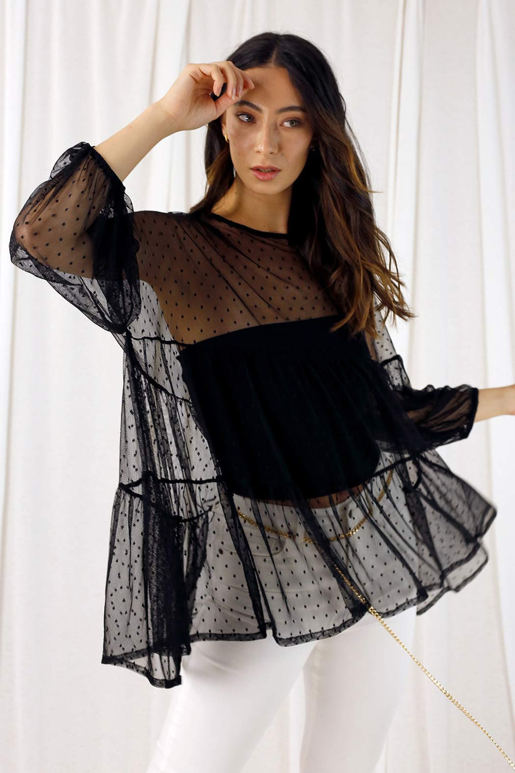 Black Pinspot Tiered Mesh Top - SALE