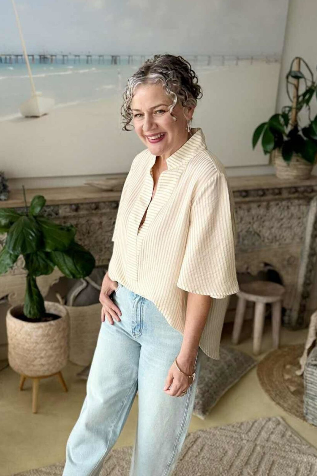 Tan Stripe Milan Fluted Blogger Shirt