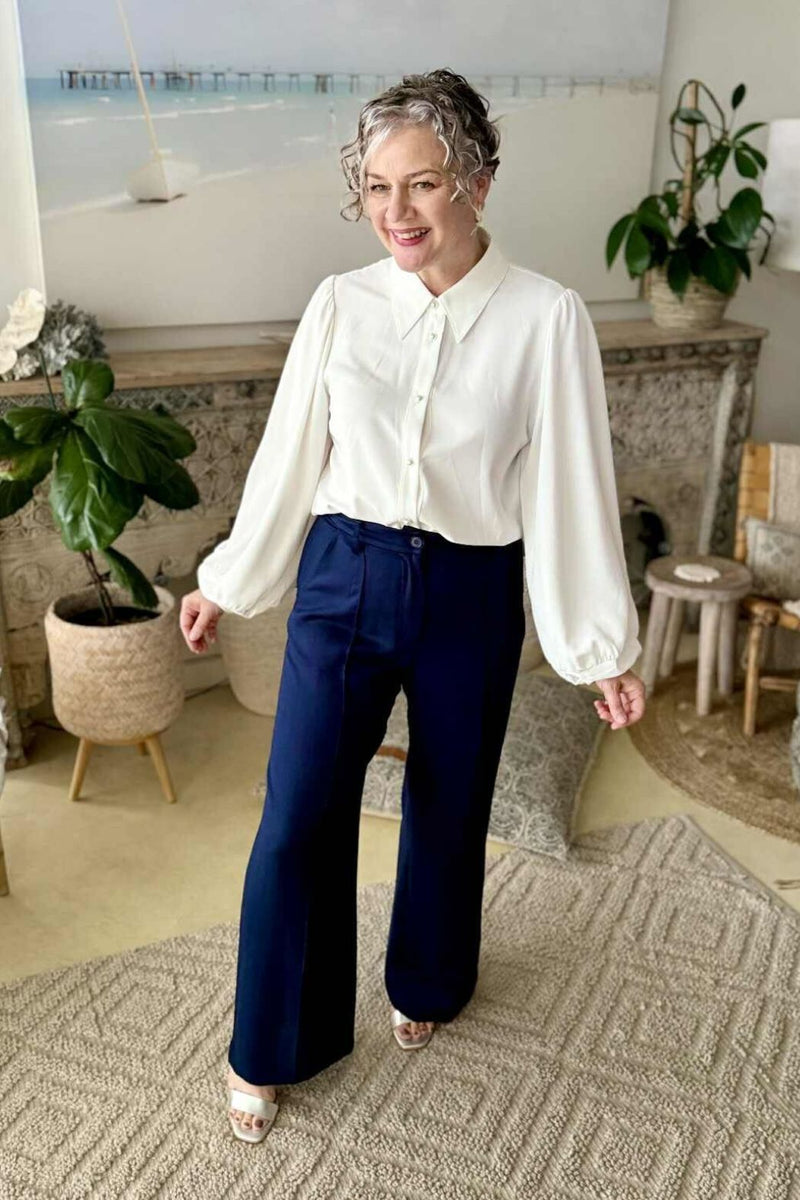 Navy Lyocell Pintuck Pant