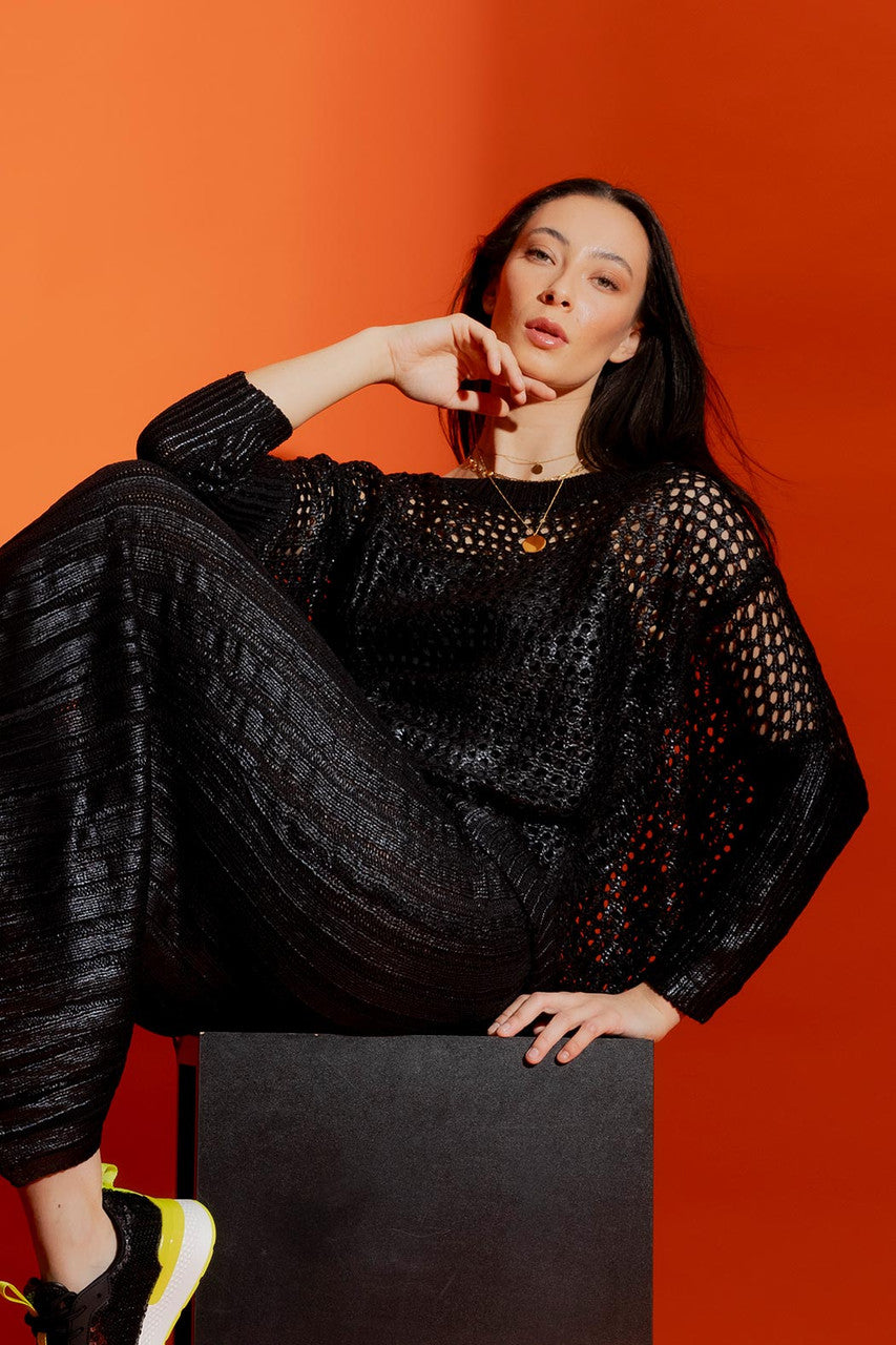 Crochet Foil Boxy Jumper Black