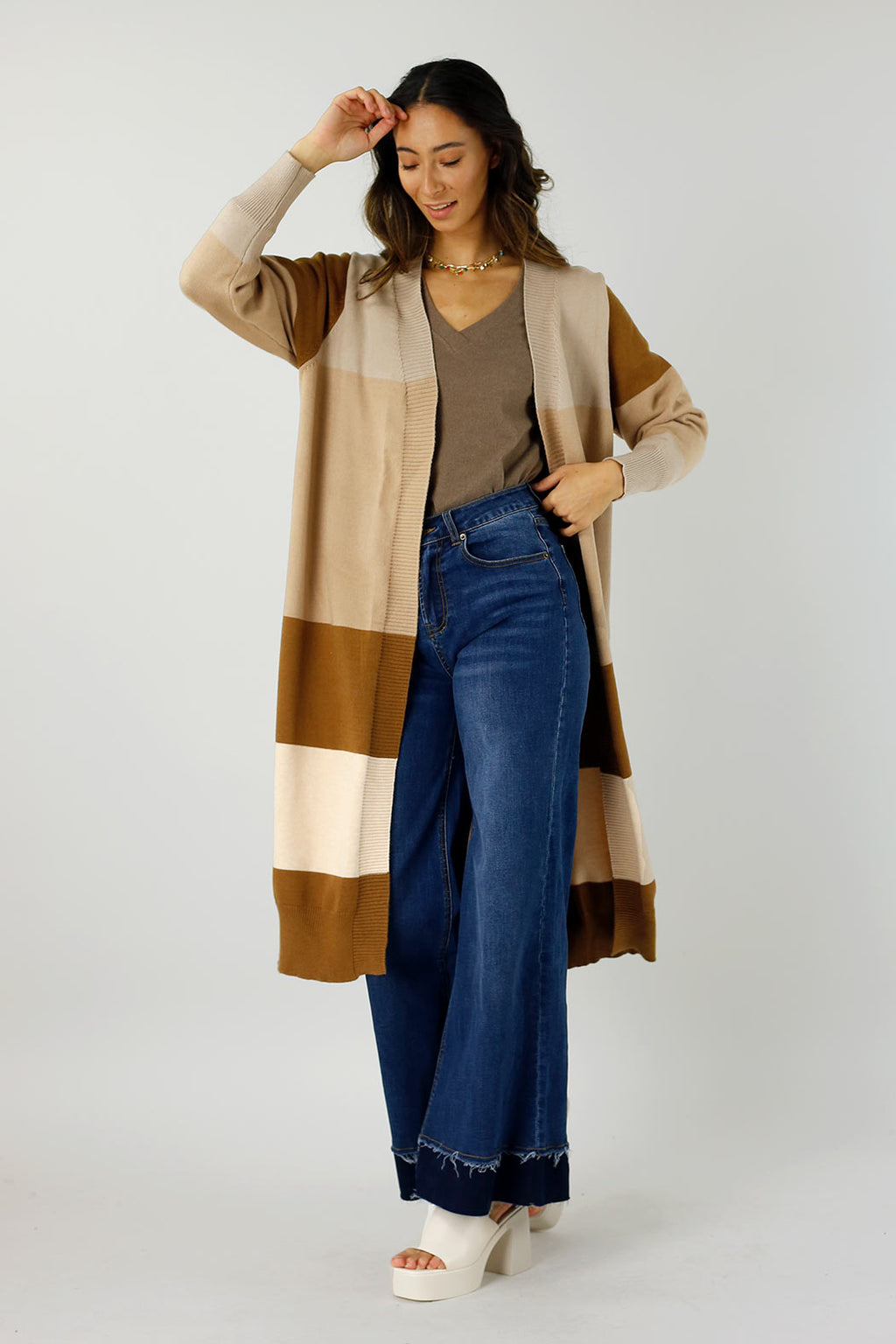Beige Longline Block Cardi - SALE
