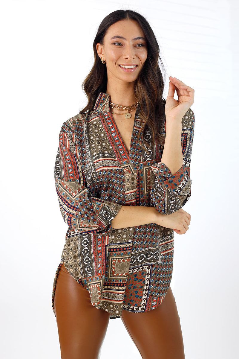 Khaki Silky Blogger Shirt - SALE
