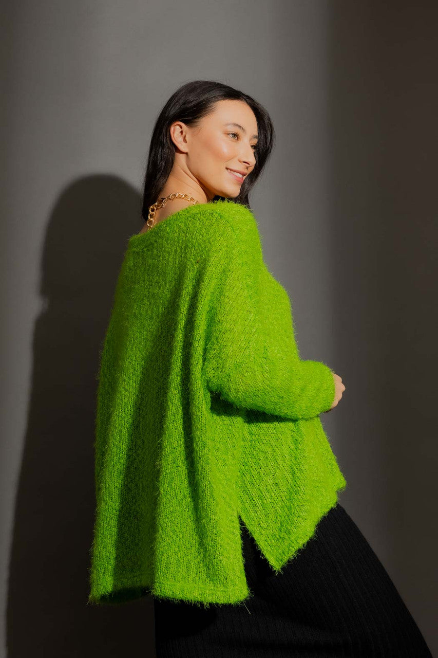Chartreuse Fluffy V Neck Jumper