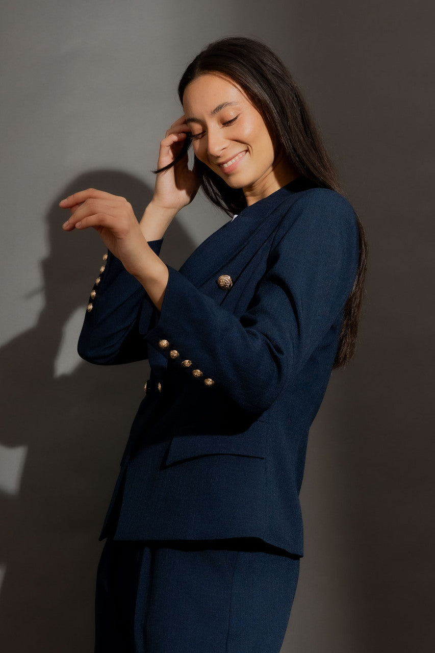 Navy Textured Sisca Midi Blazer