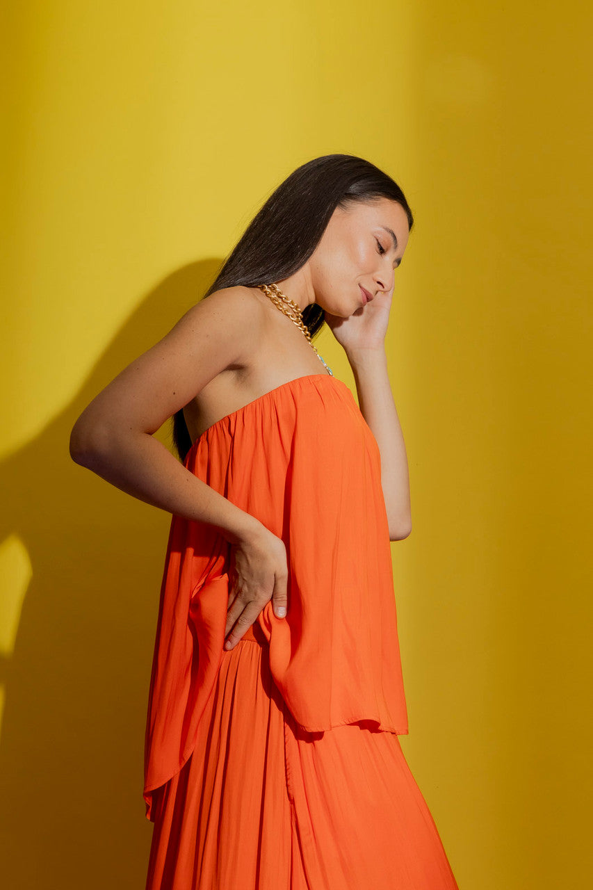 Orange Silky Strapless Top
