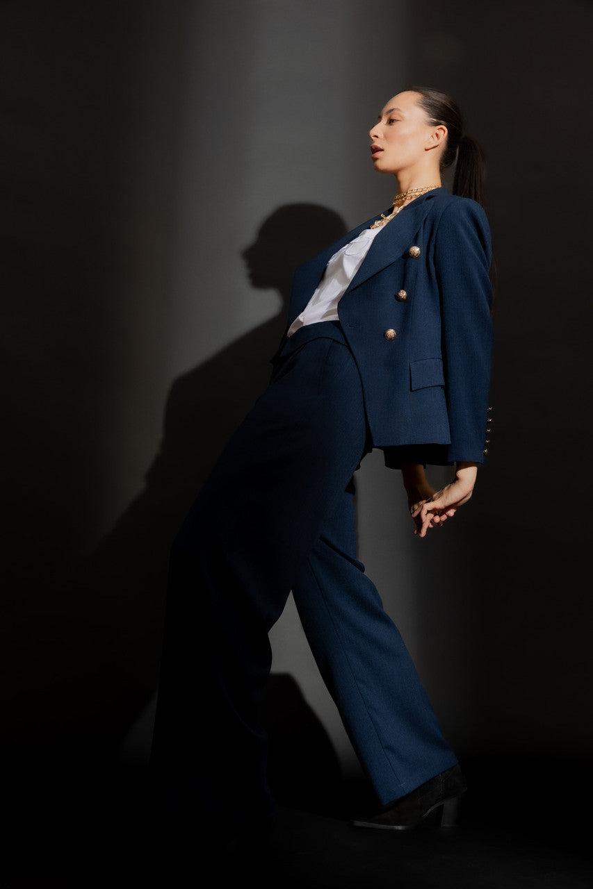 Navy Textured Sisca Midi Blazer