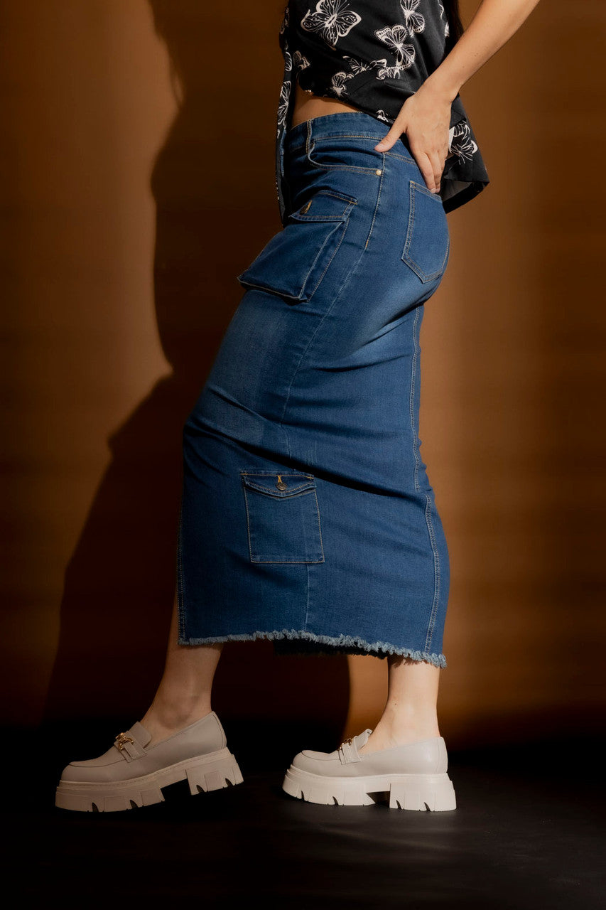 Mid Denim Cargo Split Skirt Mid Denim