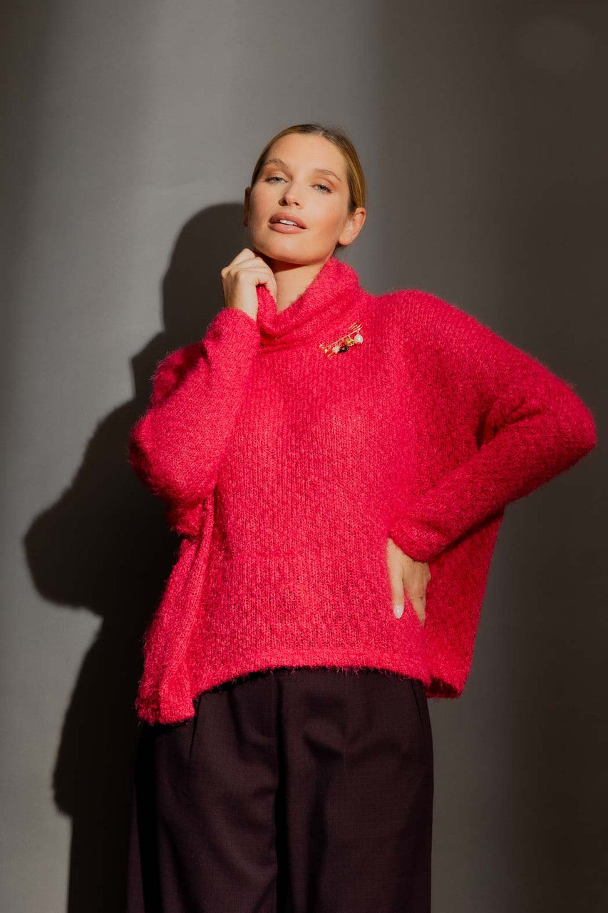Raspberry Fluffy Roll Neck Jumper
