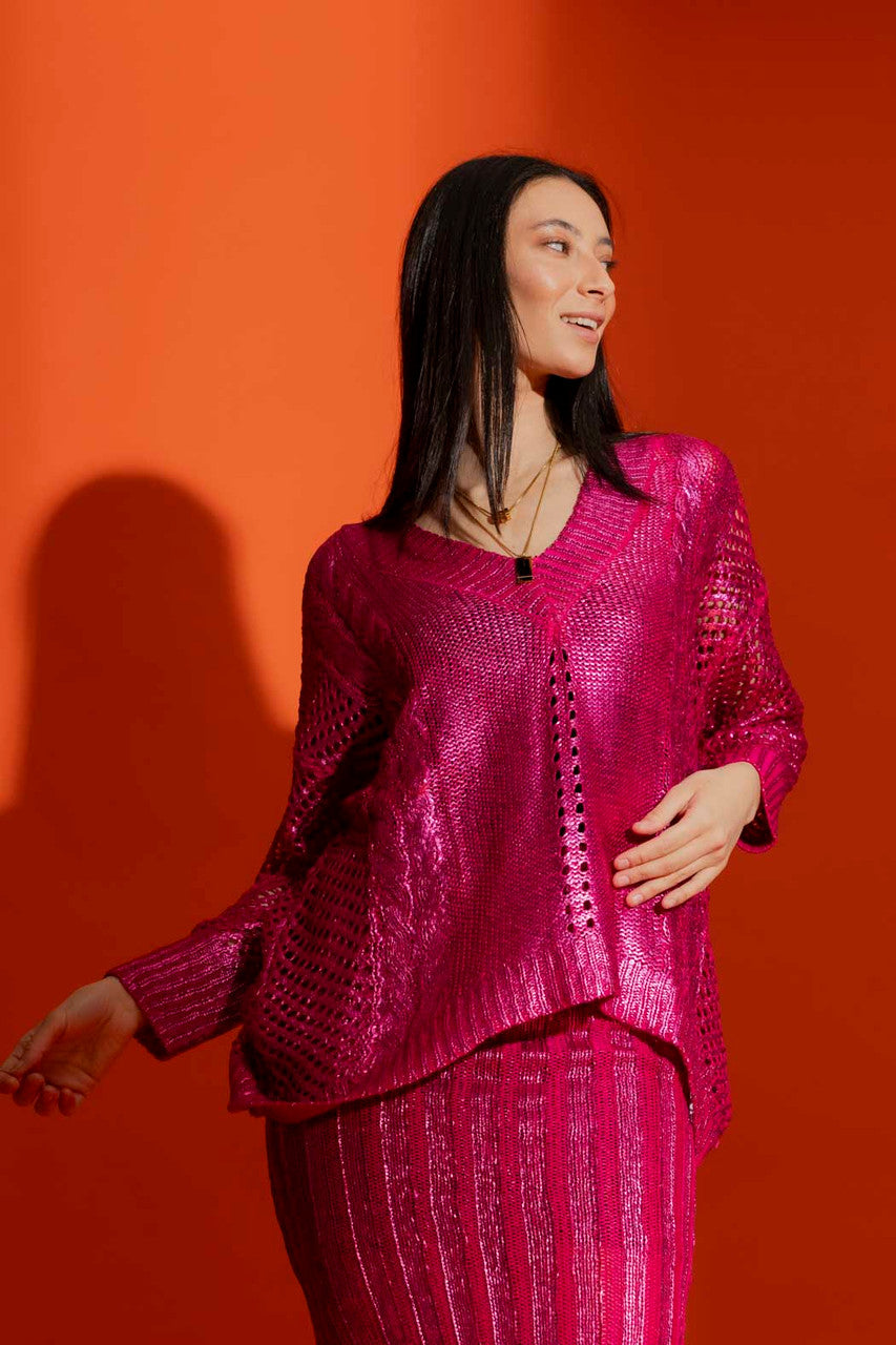 Pink Crochet Foil V Neck Jumper