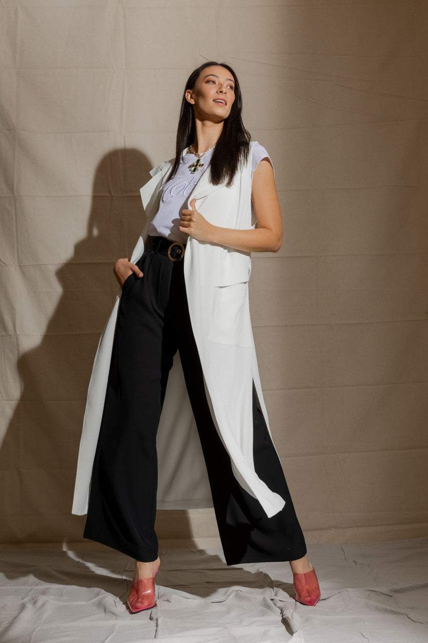 White Euro Longline Belted Vest