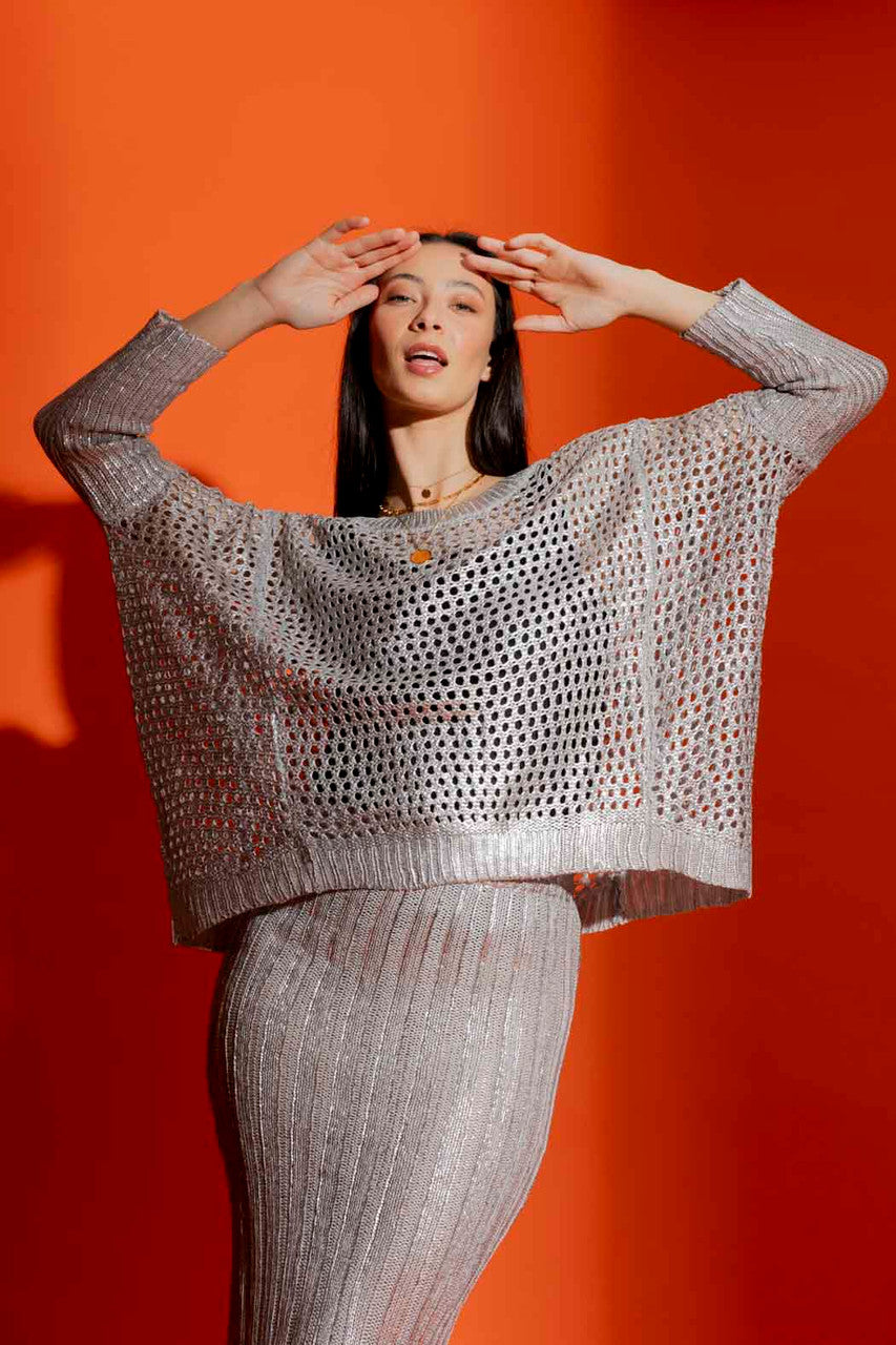 Silver Crochet Boxy Foil Jumper
