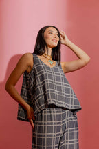Navy Check Linen Bell Top
