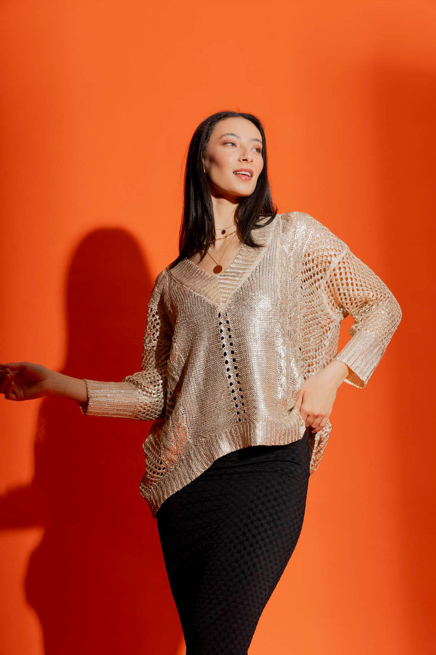 Oatmeal Foil Crochet V Neck Jumper