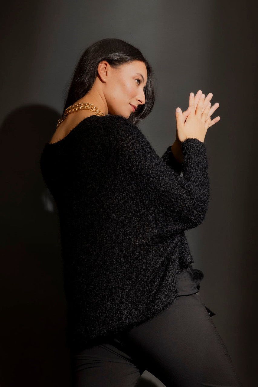 Black Fluffy Crew Neck Jumper