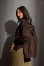Chocolate Mock Neck Drop Shoulder Knit Chocolate S