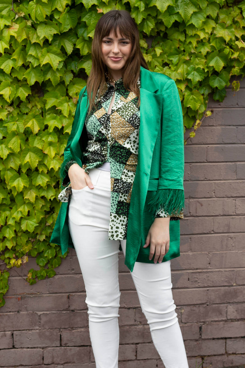 Green Satin Feather Blazer - Sale