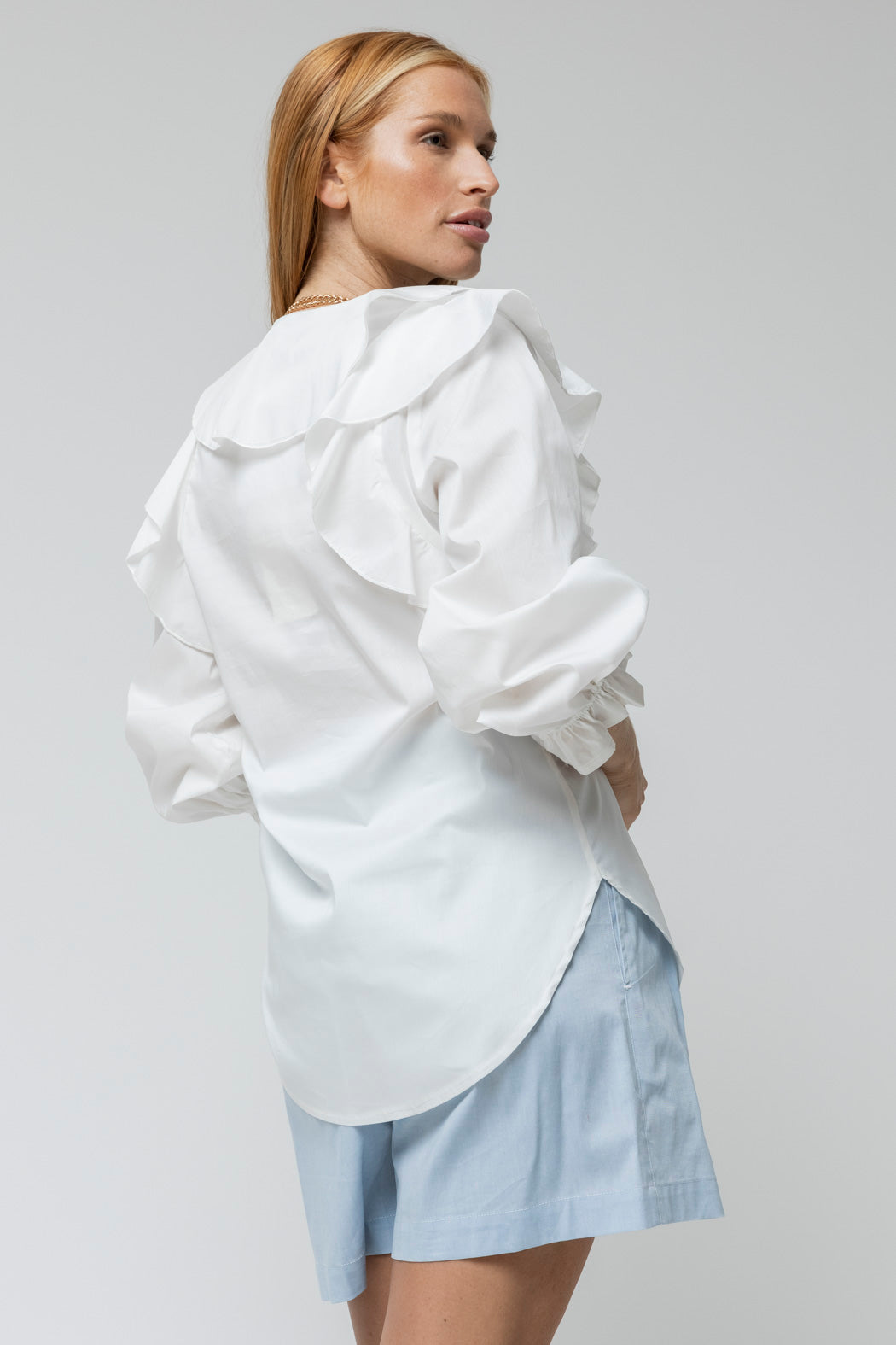 Off White Cotton Ruffle Shirt