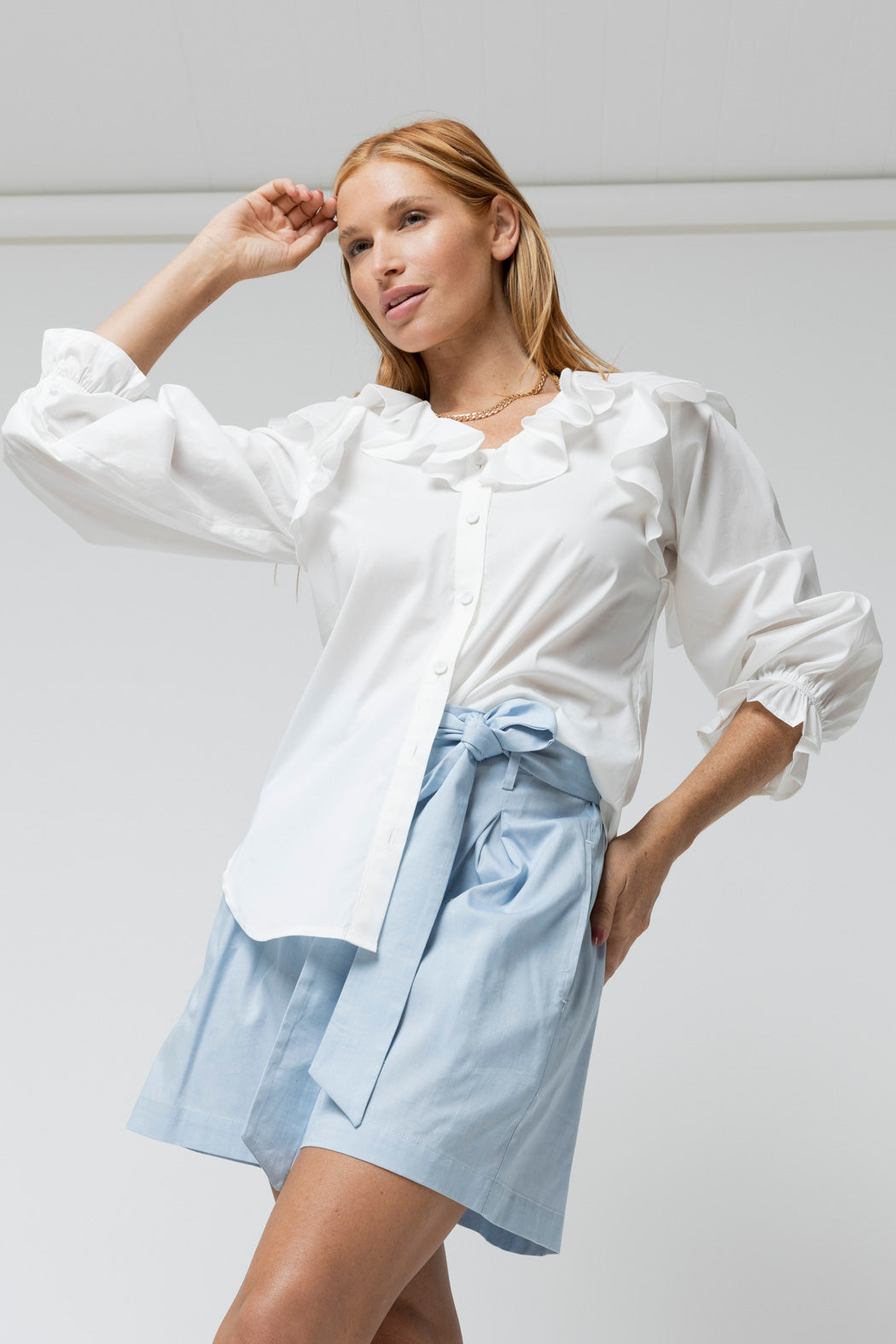 Off White Cotton Ruffle Shirt