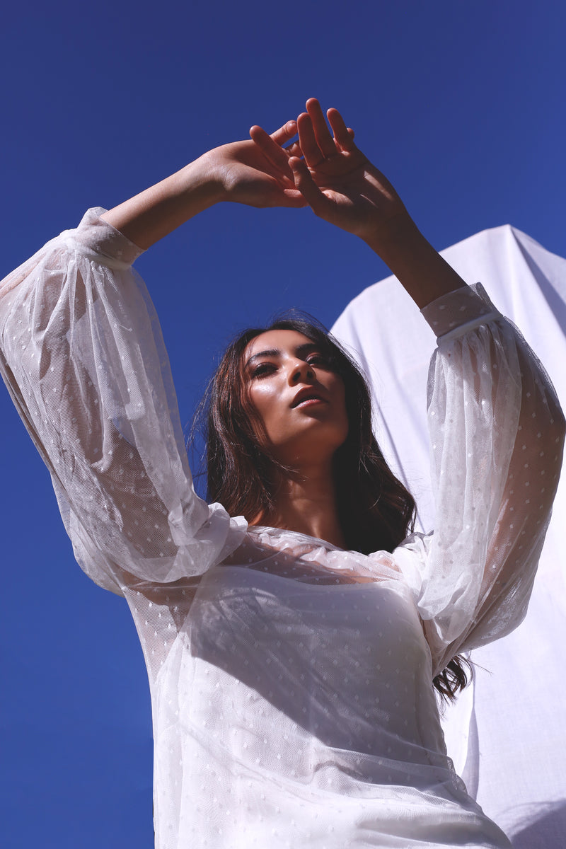 White Pinspot Mesh Puff Sleeve Top - SALE