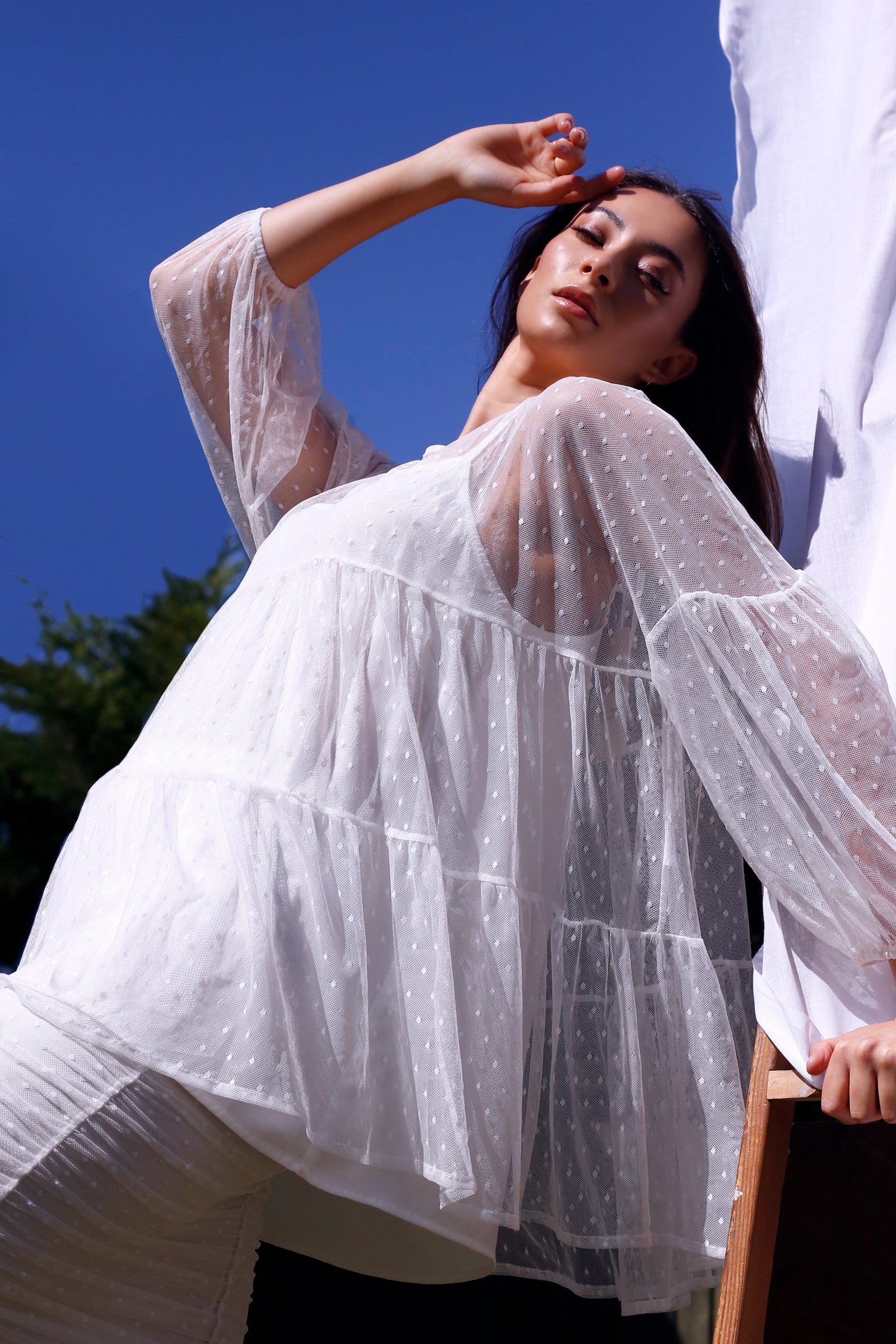 White Pinspot Tiered Mesh Top - SALE