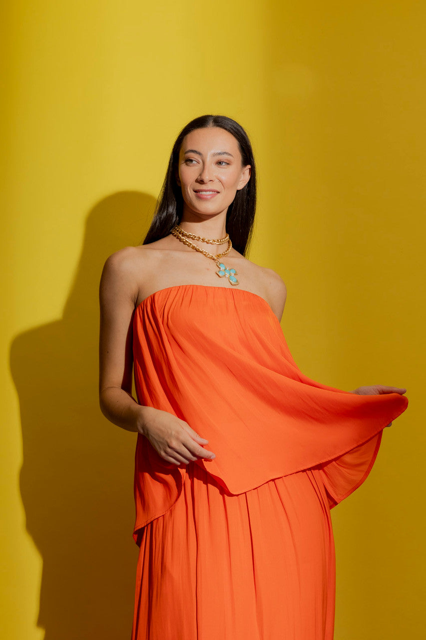 Orange Silky Strapless Top