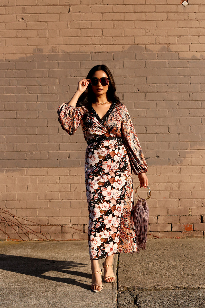 Tan and Black Patchwork Wrap Dress - FINAL SALE