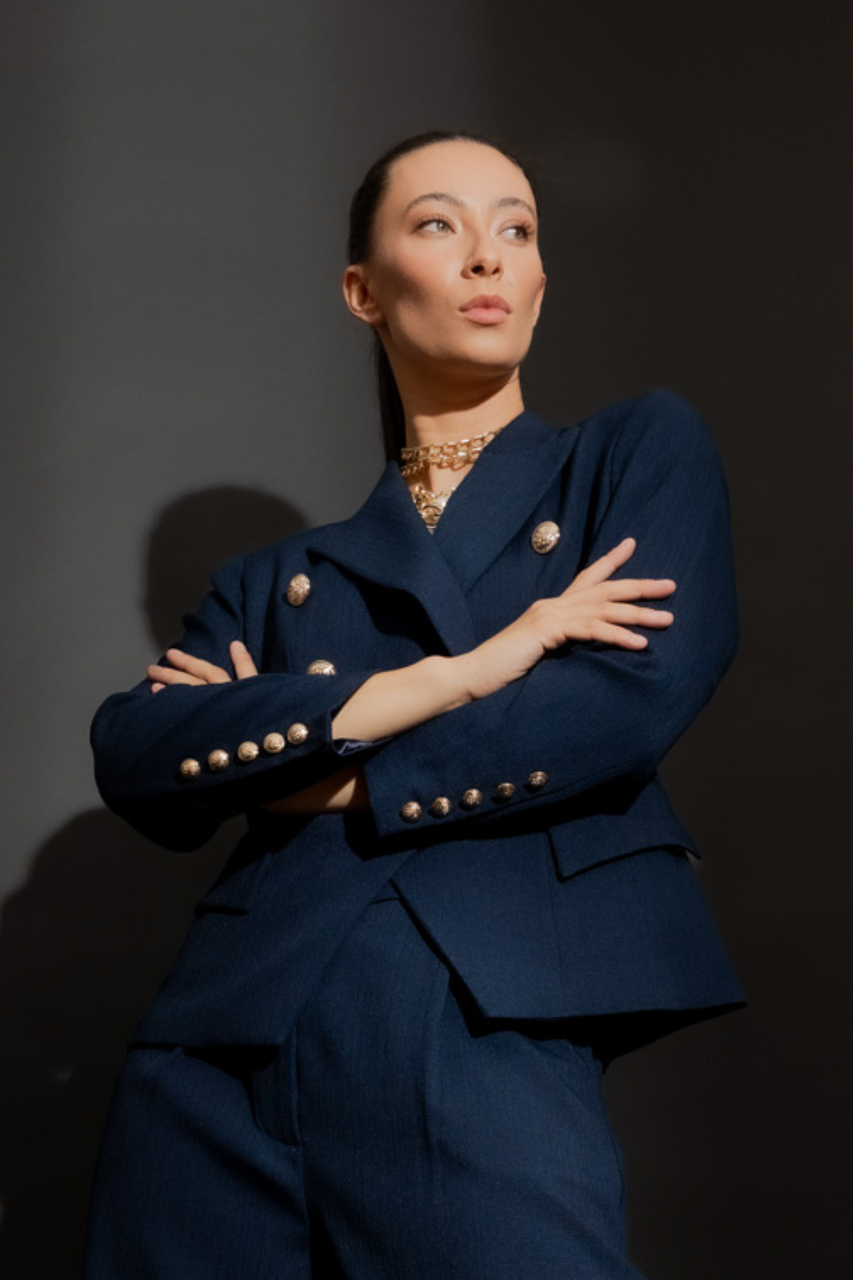 Navy Textured Sisca Midi Blazer