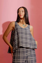 Navy Check Linen Bell Top
