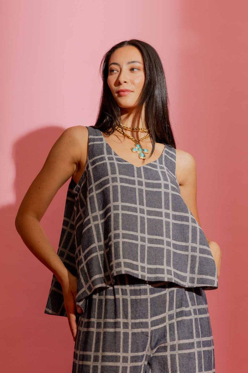 Navy Check Linen Bell Top