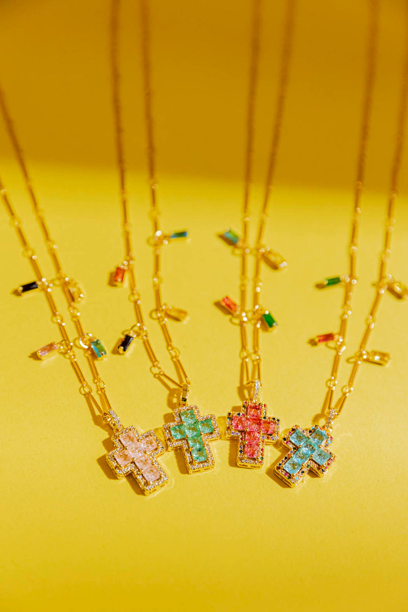 Gold Mini Cross Necklace - Green