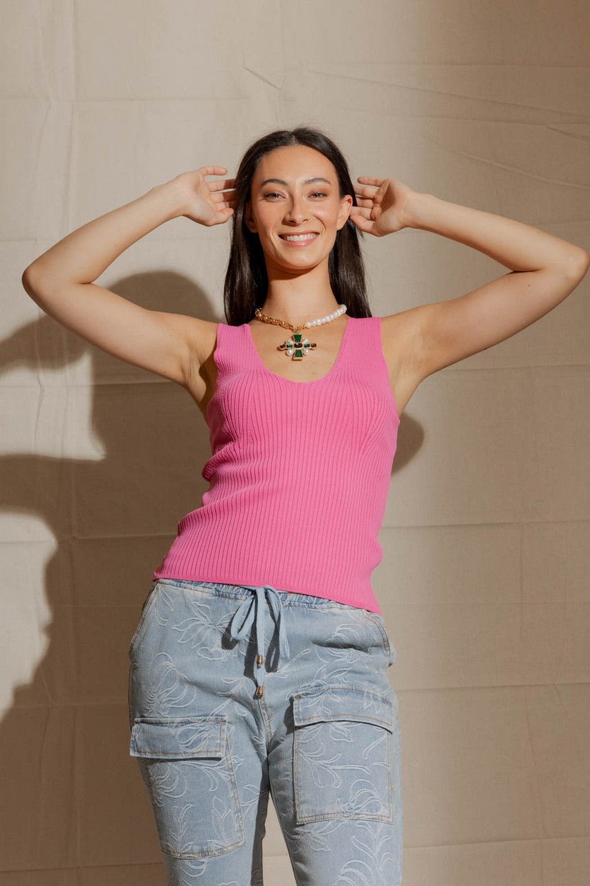 Pink Ribbed V Neck Cami