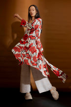 Red/Cream Print Trench Coat