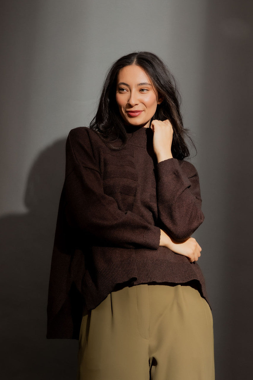 Chocolate Mock Neck Drop Shoulder Knit Chocolate S