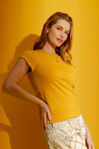 Yellow Checkerboard Bell Cap Sleeve Top