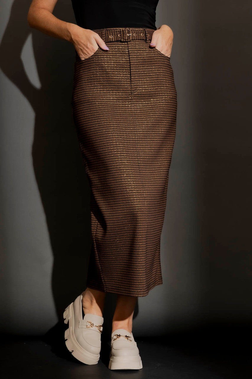 Chocolate Lurex Belted Midi Skirt