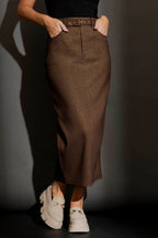 Chocolate Lurex Belted Midi Skirt
