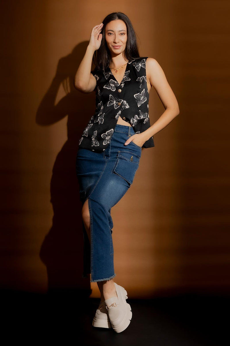 Mid Denim Cargo Split Skirt Mid Denim