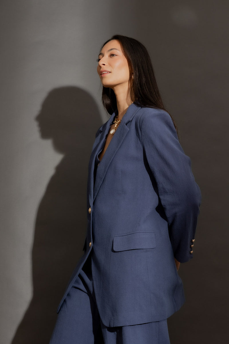 Navy Sandwashed Linen Oversized Blazer