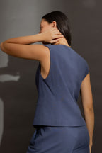 Navy Sandwashed Linen Tailored Vest