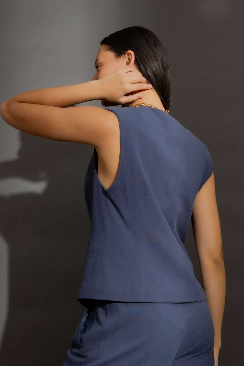 Navy Sandwashed Linen Tailored Vest