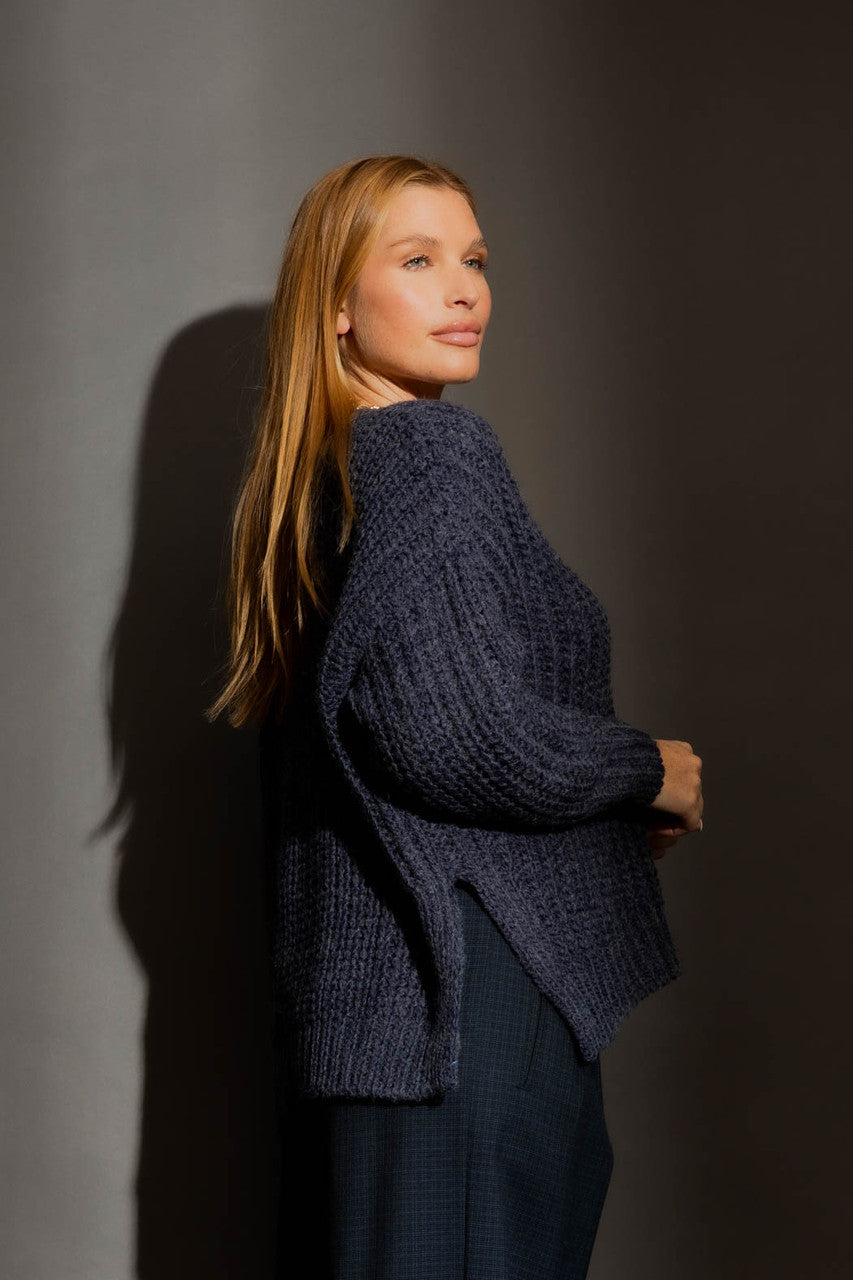 Washed Navy Chunky V Neck Jumper Navy S